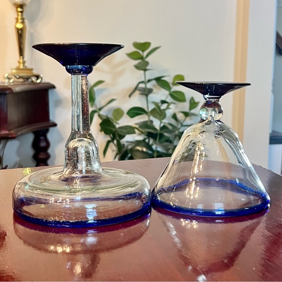2 Mexican Hand Blown Cocktail Glasses Margarita Martini Blue Rim Recycled Glass - Picture 7 of 12